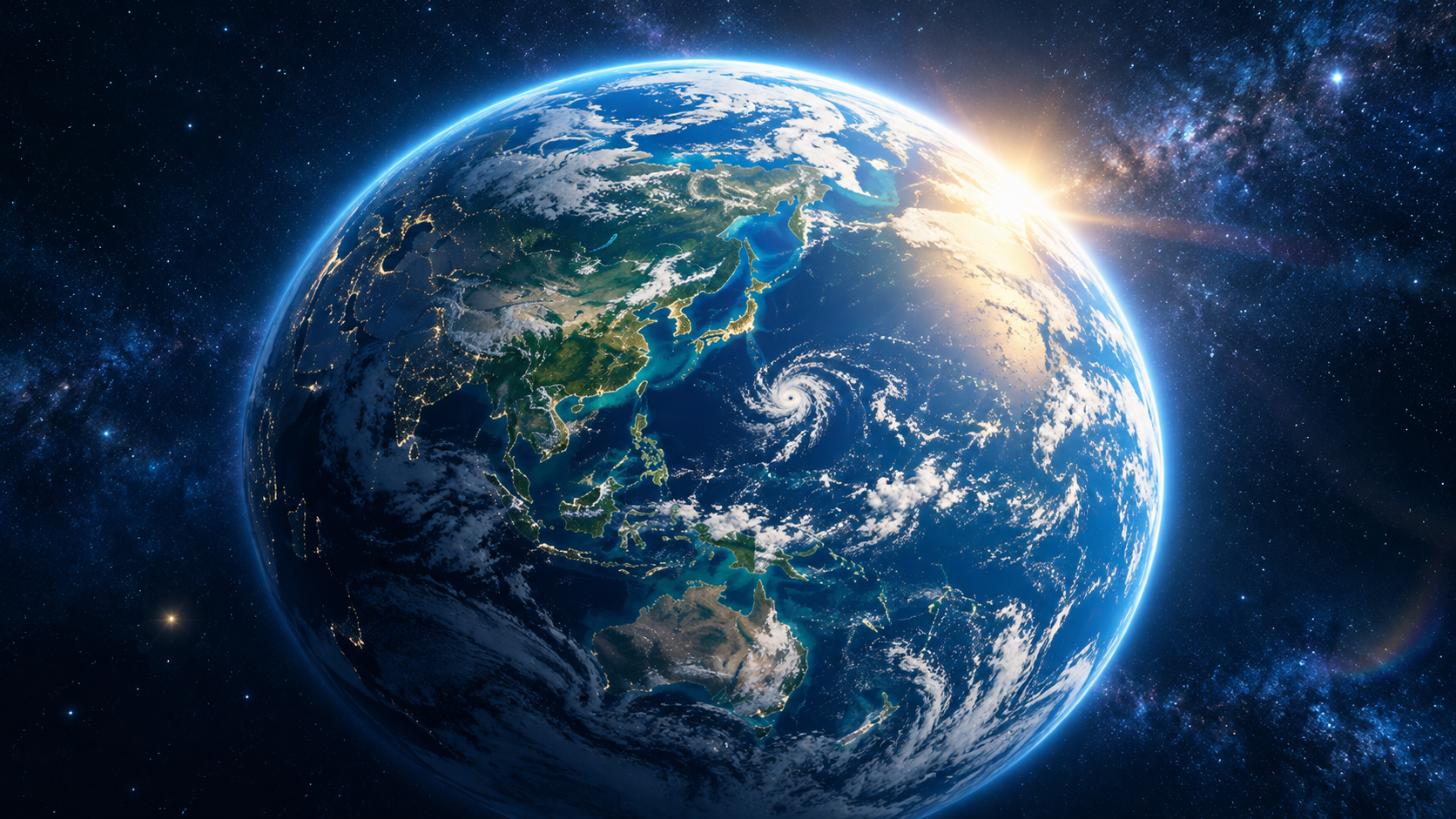 宇宙から望む、青い海と緑の大地が輝く地球